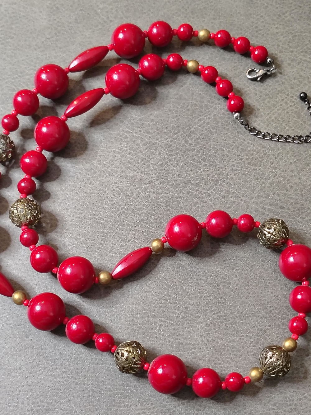Red Beaded Necklace with Gold Tone Accents - Women Jewelry